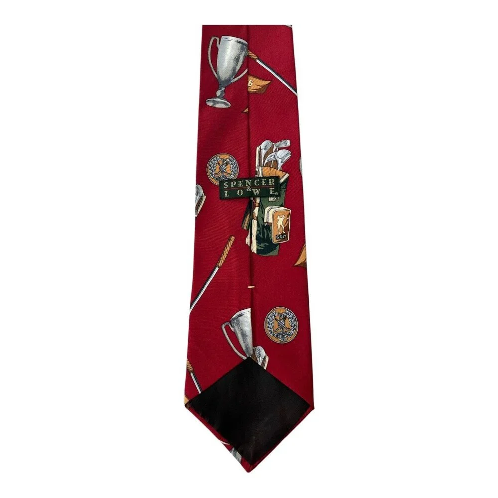Vtg 1990s Spencer & Lowe Golf Themed Silk Necktie – Red Trophy & Clubs Print